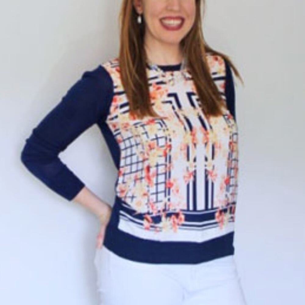 41 Hawthorn Zappo Floral Print Mixed Media Sweater Navy Pink Size Large